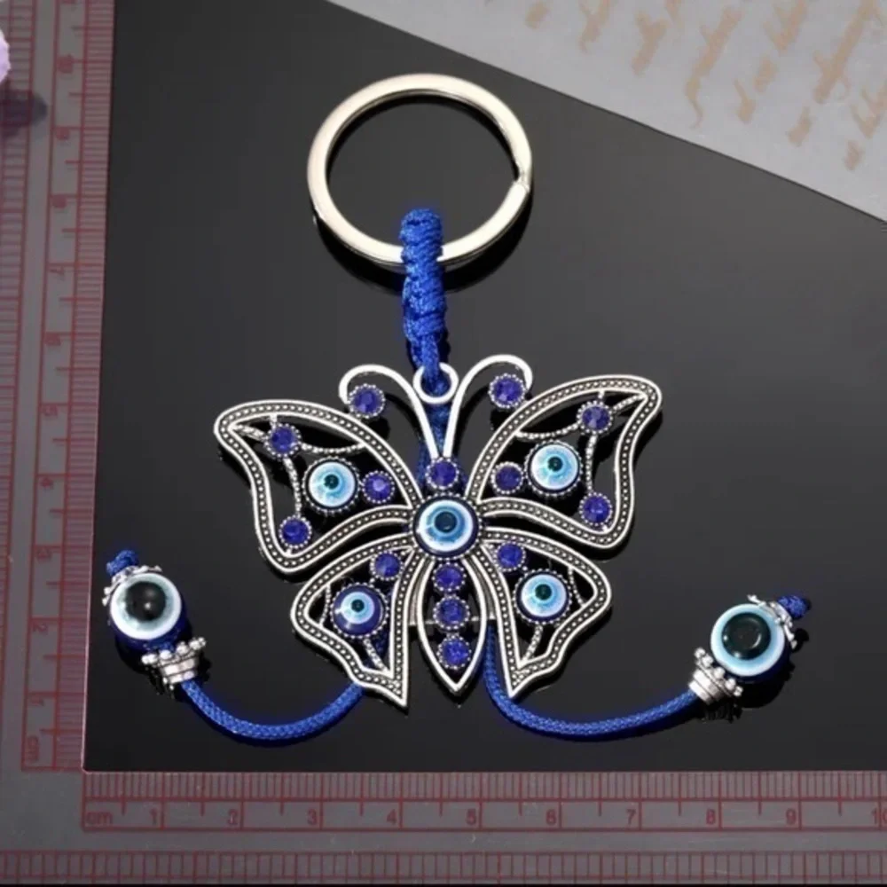 NEW Butterfly Blue & Silver Rope Good Luck Charm Bead Tassel Evil Eye Keychain